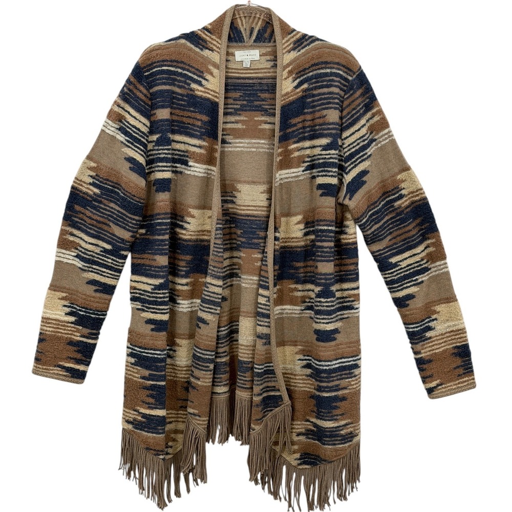 Lucky Brand South Western Cardigan Womens SZ XL Brown Fringe Layering Aztec Fall